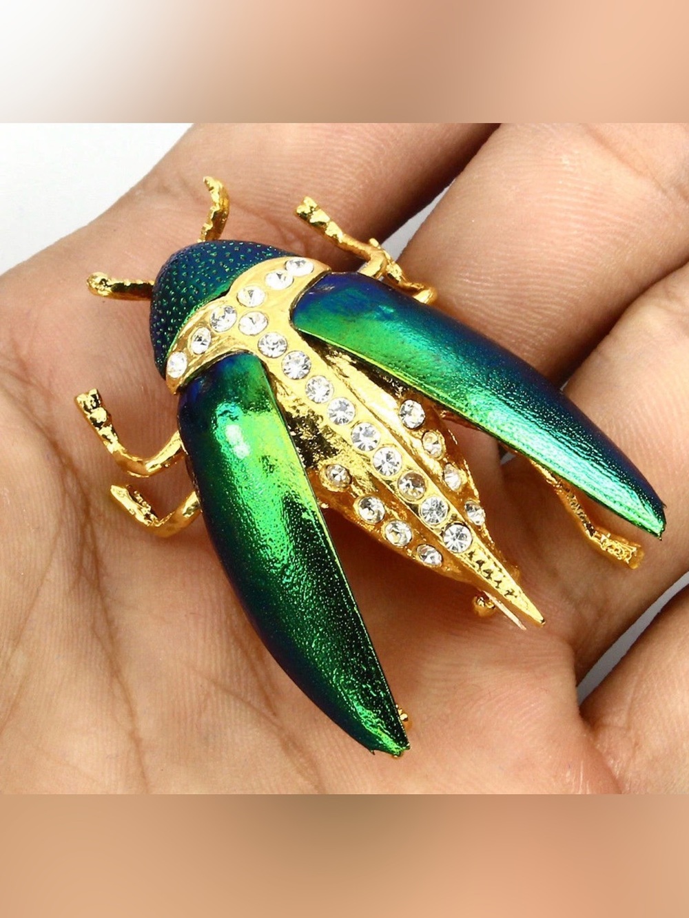 New 51ct Spread wings Green Beetle, bug SS 925, Rhodium & Crystal Brooch, Pin